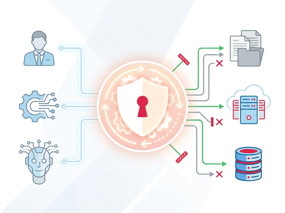 Identity and access management — users, AI agents, and systems connected through a central governance hub